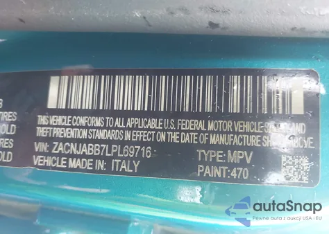 2020 Jeep Renegade Latitude Fwd z USA, uszkodzony, nr VIN ZACNJABB7LPL69716